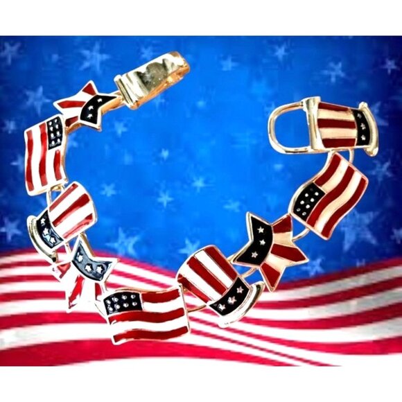 Patriotic Bracelet American Flag Uncle Sam Hat Stars Magnetic Closure July 4 New - Picture 4 of 14